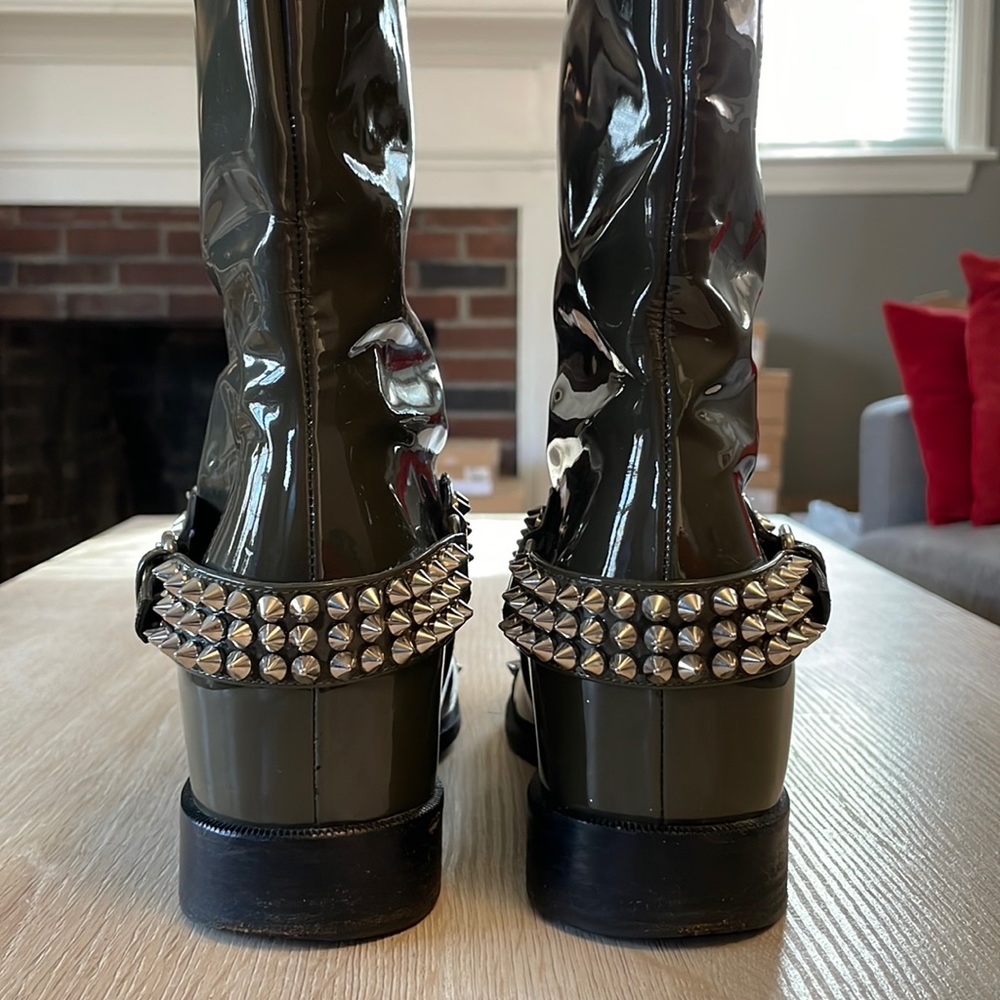 Christian Louboutin Olive Green Patent Leather Studded Knee Boots - Picture 7 of 12